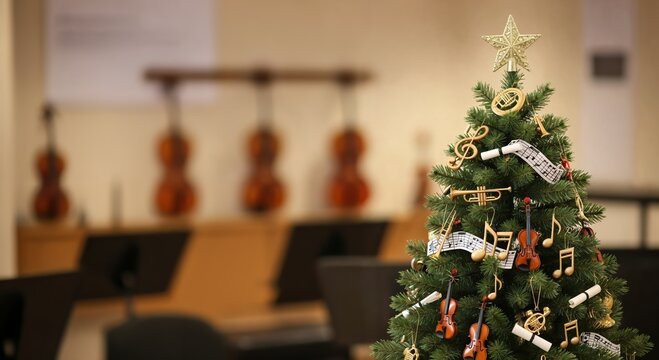 Festive Christmas tree adorned with golden musical instrument ornaments and sheet music, set in a blurred music room with violins - Powered by Adobe