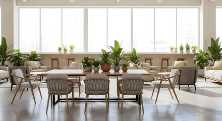 Bright open-plan office featuring plants, collaborative tables, and natural light