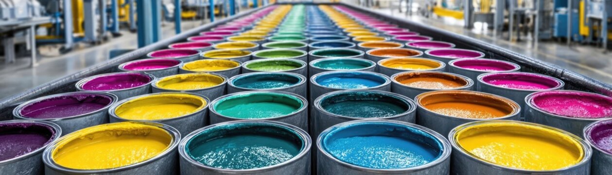 Vibrant paint cans arranged in factory concept. Vibrant color paint buckets lined up in a manufacturing facility.