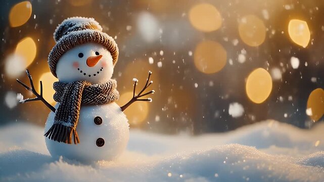 Charming Snowman in Winter Wonderland with Falling Snow and Bokeh Lights