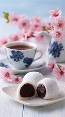 Delicate Mochi Desserts with Tea and Cherry Blossoms in Soft Morning Light