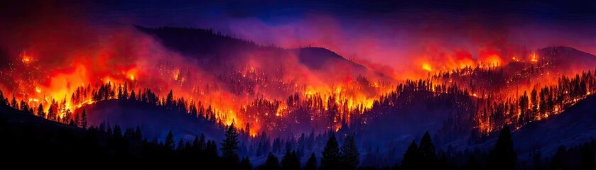 Hillside forest burning fiercely amid dense smoke concept. Dramatic wildfire blaze illuminating a dark forest landscape.