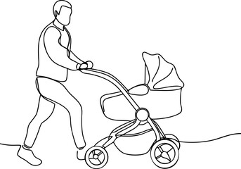 Single line art father pushing baby stroller