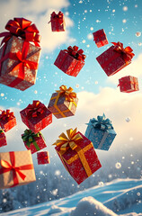 Gift boxes coming down from the sky.