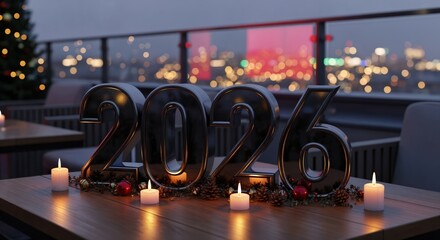 Obraz premium 2026 New Year Celebration on a Rooftop Terrace with City Lights and Festive Decorations