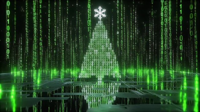 Digital Christmas tree formed by binary code in Matrix style cyber world