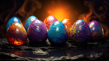 Colorful eggs exhibit vibrant paint texture. Backlit scene creates soft shadows. Ideal for holiday themes, posters, and unique product staging.