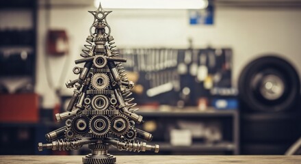Unique Christmas Tree Sculpture Crafted from Recycled Metal Gears and Mechanical Parts in a Blurred Industrial Workshop