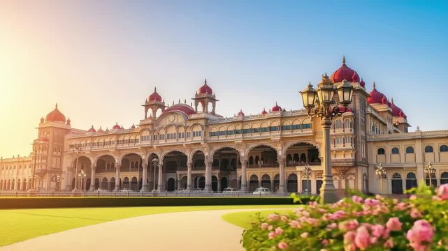 Stunning palace facade bathed in golden sunrise light with vibrant pink flowers blooming 4k high quality footage