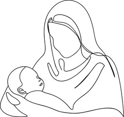 Virgin Mary with baby Jesus line art illustration
