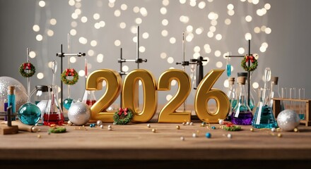 Laboratory Setup Decorated for 2026 New Year with Golden Numbers, Chemical Glassware, and Bokeh Lights