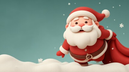 Cute 3D Santa Claus peeking from red curtain with snow