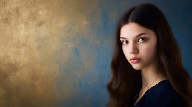 Serene portrait of a young woman artistic gold blue background elegant beauty concept lifestyle imagery