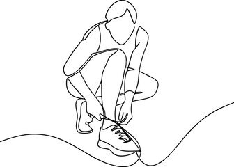 Woman runner tying shoelaces continuous line drawing