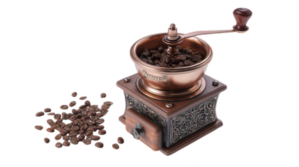 An old fashioned copper and wood coffee grinder filled with roasted beans on a dark surface