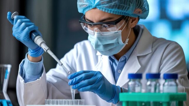 Scientist in Lab Coat and Gloves Pipetting Liquid into Test Tubes Keywords: scientist, laboratory, research, Generated with Ai
