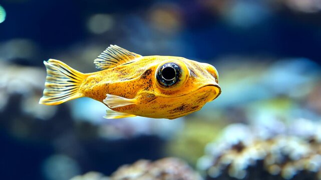 Vivid photograph captures a golden, spotted pufferfish gliding through a blurred, aquatic environment, featuring large, black eyes