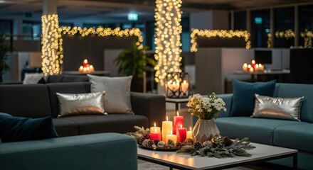 Cozy office lounge area decorated with festive Christmas lights and candles, creating a warm and inviting holiday atmosphere for relaxation.