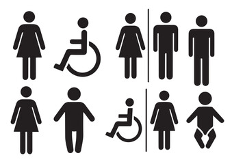  set of black silhouette icons for men women disabled