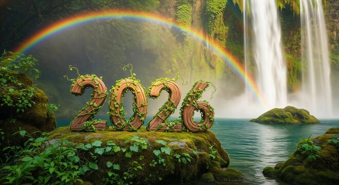 Year 2026 made of natural wood and green vines in a vibrant jungle landscape with a majestic waterfall and colorful rainbow