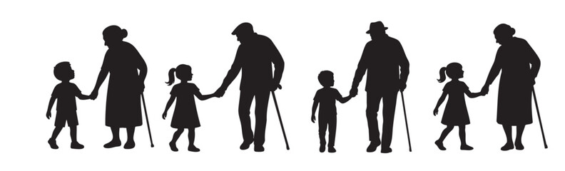 Set of black silhouette icons of grandparents walking hand in hand with grandchildren isolated on white background. Concept of family generations, childhood, elderly adults walking with children