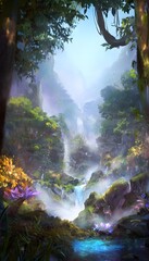 Naklejka premium Enchanting fantasy realm illustration magical woods waterfalls temples atmospheric concept art design
