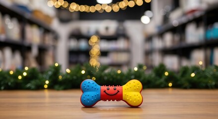 Vibrant multi-colored dog bone chew toy with a happy face, displayed on a wooden surface in a festive pet store setting with blurred lights.