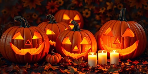 Obraz premium Spooky carved pumpkins, glowing candles, autumn leaves, background, season