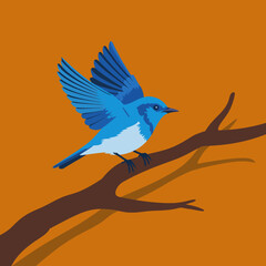 Naklejka premium A beautiful bluebird perched gracefully on a brown branch against a striking orange backdrop, showcasing the brilliance of nature's colors and wildlife.