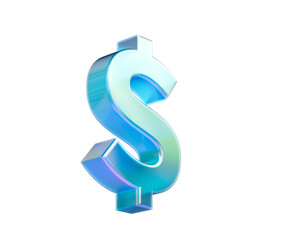 3D Shiny iridescent dollar symbol in cool blue tones with soft glow and depth, 3D Illustration