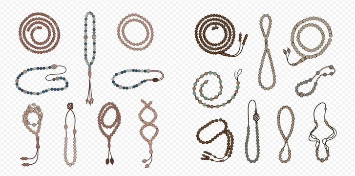 Collection of various prayer beads, also known as tasbih or misbaha, in different arrangements and colors, used for spiritual practices.