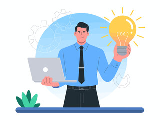 In this illustration, a businessman holds a laptop and a light bulb, representing the fusion of technology and innovative ideas in a modern business context.