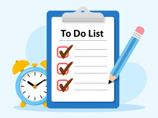 A visually appealing illustration of a to-do list with check marks, a clock, and a pencil, symbolizing organization and time management for productivity.