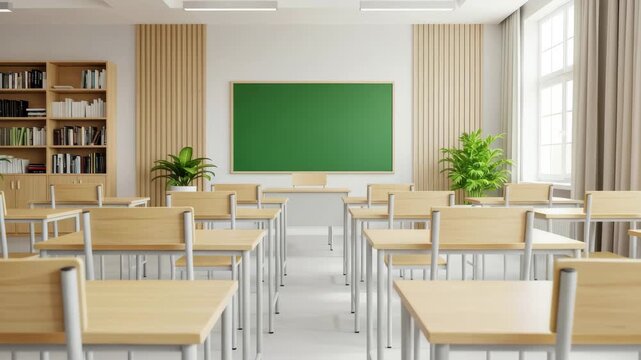 Modern classroom with empty desks and green chalkboard ready for learning and education 4k high quality footage
