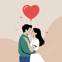 A heartwarming illustration of a couple embracing and sharing a moment of love, with a red heart balloon symbolizing romance and joy, perfect for Valentine’s themes.