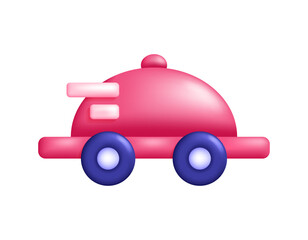 A food delivery service. Food ordering and delivery. Illustration of a red food cover on wheels. Symbol. 3D style design. White background.