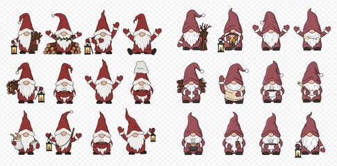 A large collection of cute cartoon gnomes with red hats and white beards in various poses, some holding bottles or hearts.