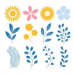 This image features a vibrant assortment of flowers and leaves, designed in a playful style that embodies the essence of nature, ideal for various design applications.