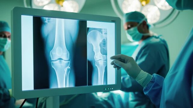 Surgeon reviews X-ray scans of knee and hip during operation, highlighting medical precision and expertise 4k high quality footage