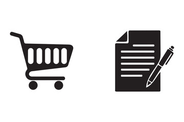 Two black icons representing a shopping cart and a document with a pen isolated on white background