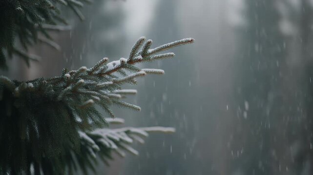 Close-up of a snowy spruce branch with gentle snow falling in winter forest