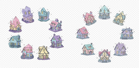 Two circular arrangements of whimsical, colorful fantasy houses with sparkling details on a transparent background.