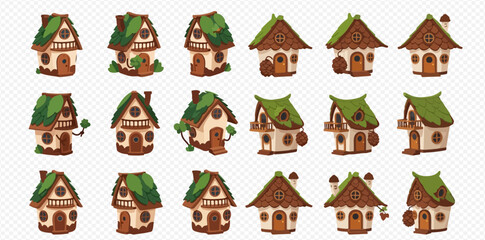 A collection of charming fantasy cartoon houses with green leafy roofs and wooden details, perfect for game assets or storybook illustrations.