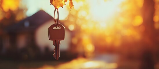 Concept of home and real estate ownership with a golden key hanging in front of the house.