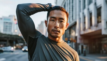 Fitness and city portrait and man serious workout commitment or sports. 