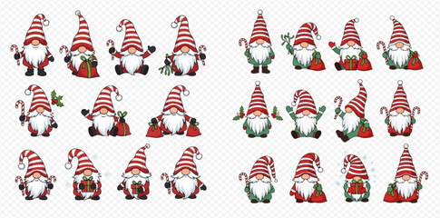 A collection of cute Christmas gnomes with striped hats, holding gifts and candy canes, in various festive poses.