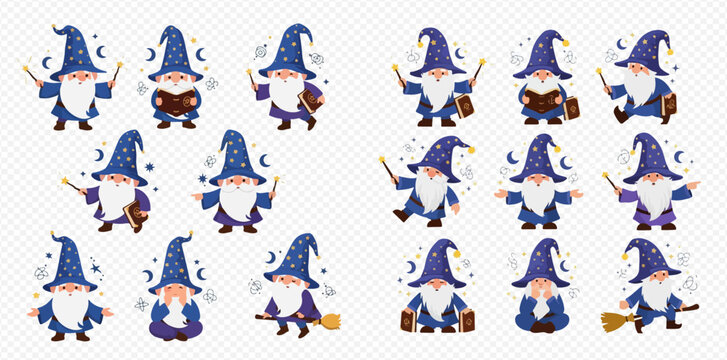 Collection of adorable cartoon wizard gnomes in blue robes and star-patterned hats, holding wands, reading books, and riding brooms.