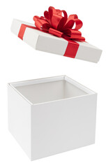 open gift box with red ribbon, isolated on white background.