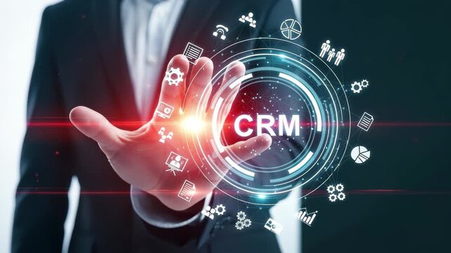 Professional businessman interacts with dynamic CRM interface, optimizing business growth and customer relations 4k high quality footage - Powered by Adobe