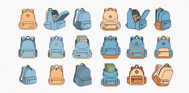 A collection of various school backpacks and travel bags in different styles and colors, some open with books, on a transparent background.
